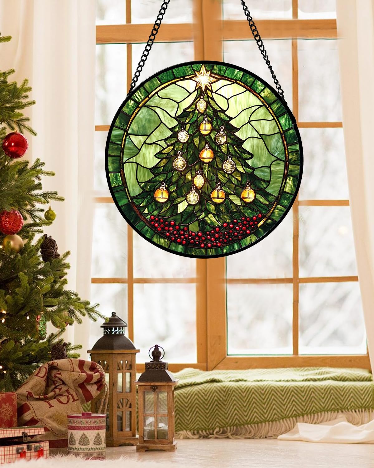 Stained Glass Window Hanging - Green Christmas Tree Golden Bells Suncatcher for Doors Home Christmas Decoration Sun Catcher Thanksgiving New Year Birthday Gift for Women Men Mom Nana 9.8 in-VerdiqueGarden