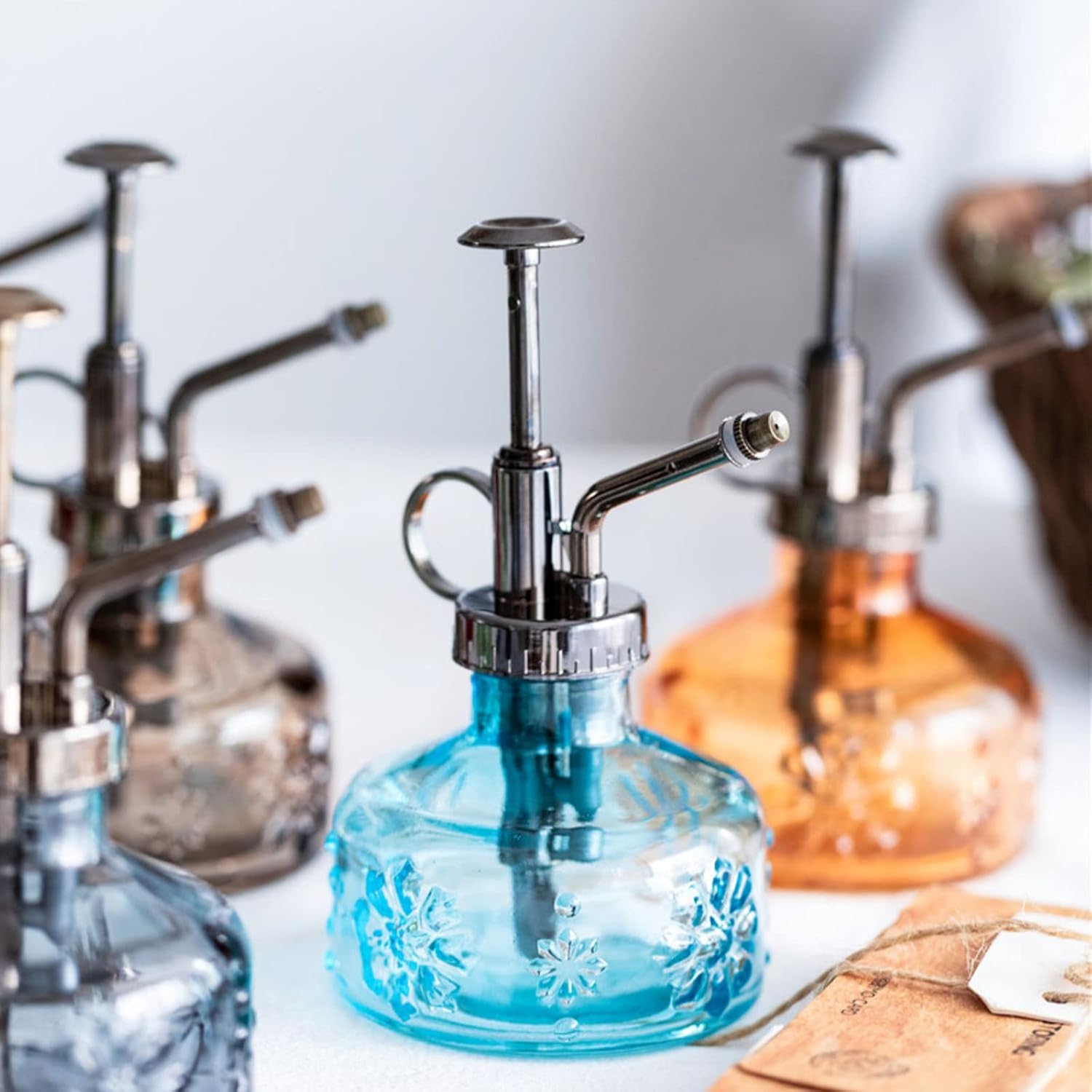 XXXFLOWER Glass Plant Mister Spray Bottle for Indoor Plant Spritzer Succulent Watering Bottle Tall Vintage Style with Bronze Plastic Top Pump-VerdiqueGarden