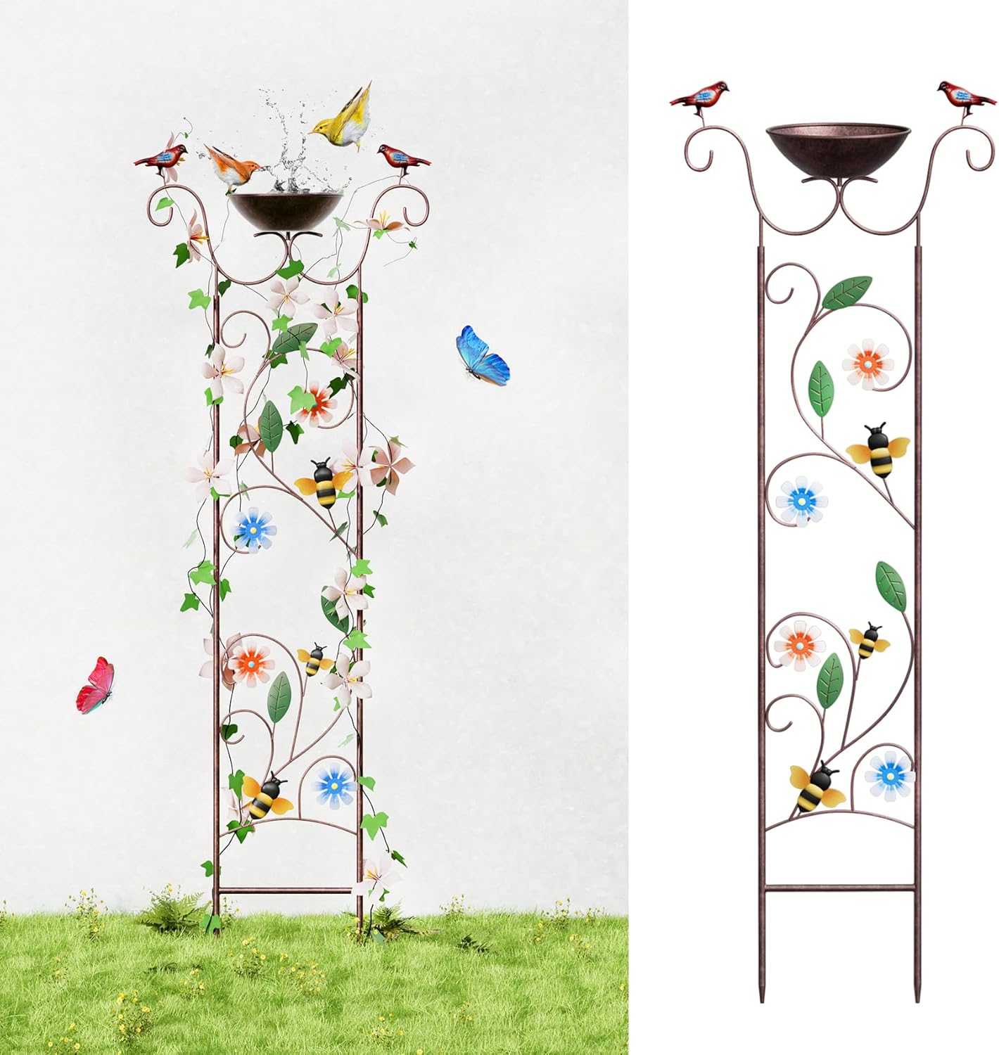 Bird Bath for Outside - Antique Iron Bird Bath with Trellis,Detachable Decorative Hummingbird Bowl,Metal Plant Support for Climbing Flowers,Elegant Outdoor Garden Feature (Honeybee)-VerdiqueGarden