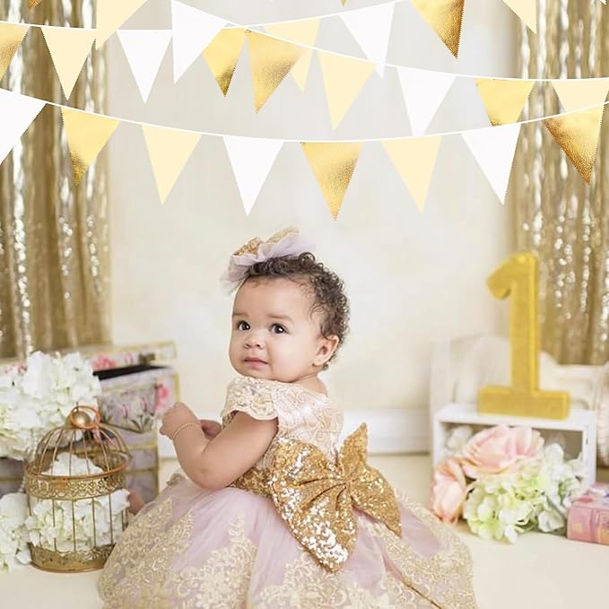 White and Gold Party Decorations Gold Beige White Fabric Triangle Pennant Banner Flag Bunting Garland for Graduation Wedding Birthday Bridal Shower Anniversary Engagement Baptism Party Supplies-VerdiqueGarden
