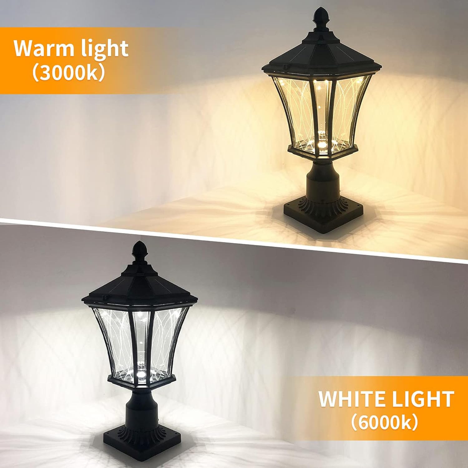 Solar Post Lights Dusk to Dawn Outdoor Solar Lamps with Pier Mount Base, Waterproof Exterior Pole Lights Head with Patterned Glass, Pillar Light for Outside House, Driveway, Black-VerdiqueGarden