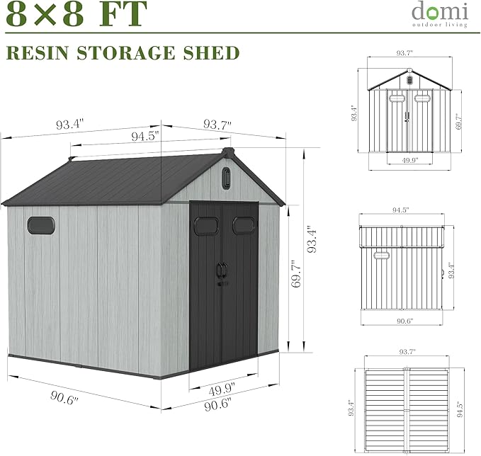 Domi 8x8FT Outdoor Resin Storage Shed with Transparent Windows & Louvered Vents, Plastic Tool Shed with Double Lockable Doors & Gable Roof, Outside Garden Shed for Backyard, Patio, Lawn, Grey-VerdiqueGarden