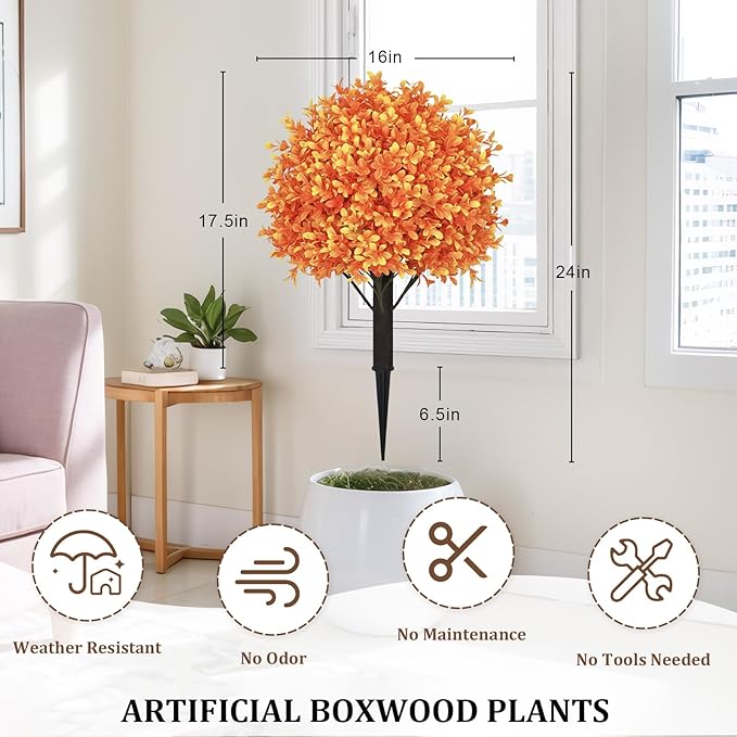 24" Tall Artificial Boxwood Ball Fall Topiary Trees Set of 2, UV Resistant Large Faux Plants Outdoor, 2ft Fake Bushes and Shrubs Look Real with Stake for Front Porch Outside Planter Backyard Decor-VerdiqueGarden