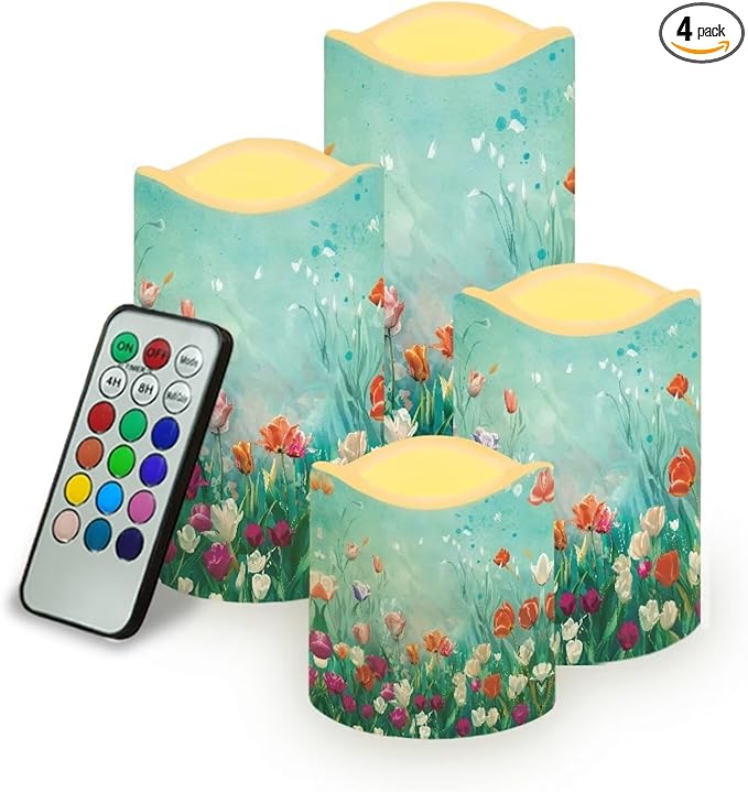 Ystardream 4PCS Flameless Candle Elegant Floral Led Flameless Candles with Remote Fake Candles That Look Real for Home Living Room Bathroom Bedroom Decor Plum Blossoms and Hummingbirds-VerdiqueGarden