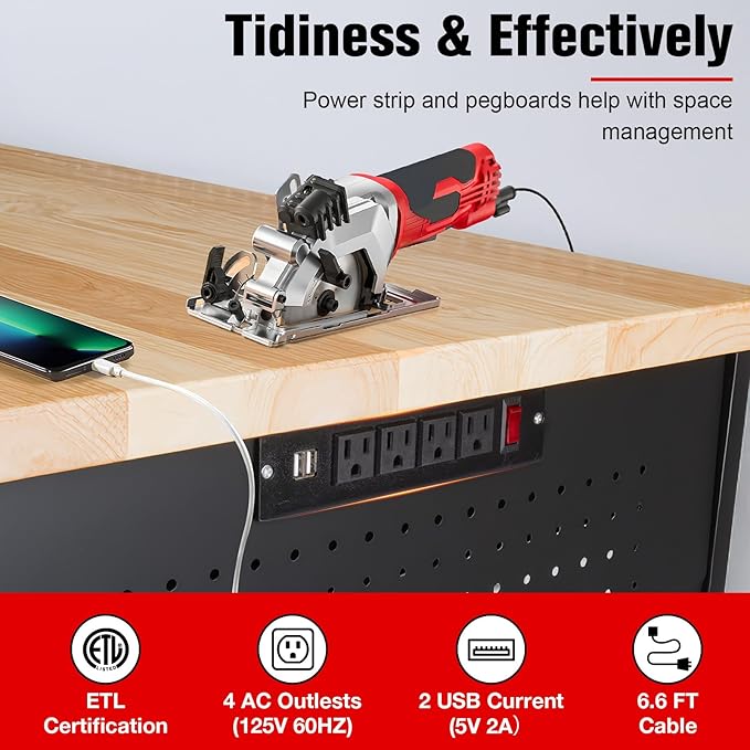 60" Workbench with Drawers, Work Benches for Garage with Strip Light, Adjustable Work Table with Large Pegboard, 2000 LBS Heavy Duty Table with Power Outlet Rubber Wood for Garage, Office-VerdiqueGarden