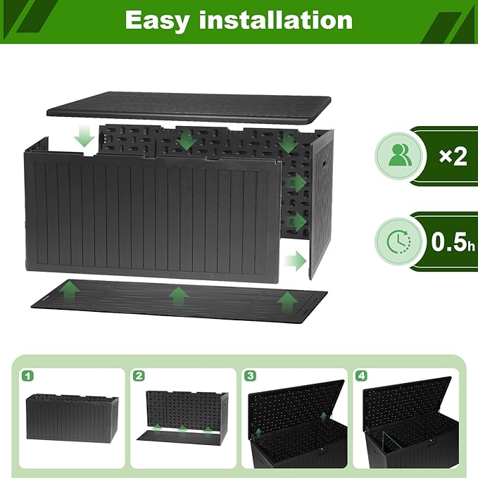 270 Gallon Outdoor Storage Box Waterproof, Extra Large Plastic Outside Deck Box Weatherproof, Resin Patio Storage Bin with Lock and Lids for Pool Equipment and Cushion, Black-VerdiqueGarden