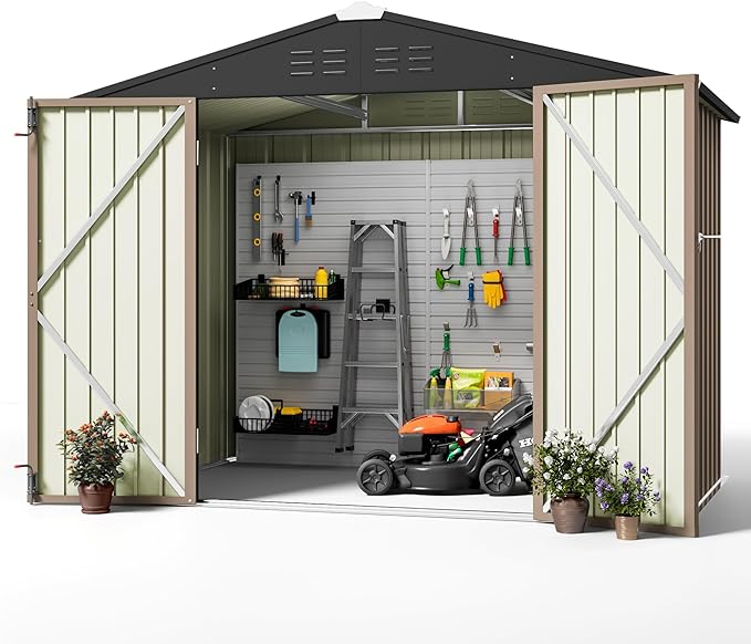 Greesum Outdoor Storage Shed 6 x 8 ft. Utility Tool Shed Metal Storage Garden Shed with Door & Lock for Patio Storage, Brown-VerdiqueGarden