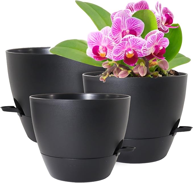 10/9/8 inch Medium Self Watering Pots, Plant Pots with Mesh Drainage Holes for Indoor Outdoor Garden Plants, Flower Pots with Removable Deep Reservoir, Set of 3 Plastic Planters, Black-VerdiqueGarden