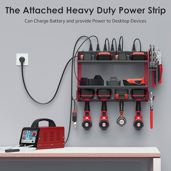 CCCEI Modular Power Tool Organizer Wall Mount with Charging Station. Garage 4 Drill Storage Shelf with Hooks, Screwdriver, Drill Bit Heavy Duty Rack, Tool Battery Holder Built in 8 Outlet Power Strip.-VerdiqueGarden
