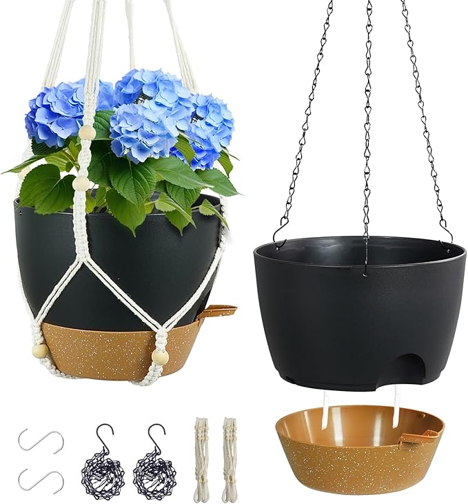 Self Watering Hanging Planters 10 inch, 2 Pack Hanging Flower Pots for Indoor Outdoor Plants, Hanging Baskets with Drainage Holes & 2 Kinds of Plant Hangers for Garden Home Decor, Black Brown-VerdiqueGarden