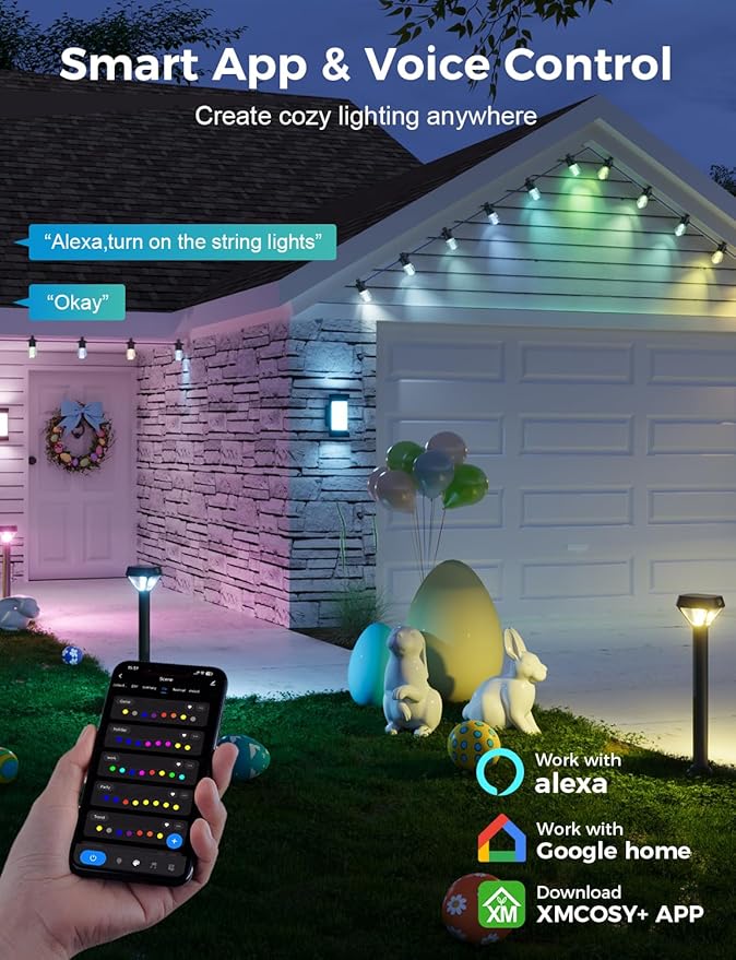 XMCOSY+ 96FT Smart Outdoor String Lights - RGBCWIC Dimmable Acrylic Bulbs, Color Changing LED Patio Lights APP WiFi Control, Compatible with Alexa, IP65 Waterproof Outdoor Lights for Backyard Porch-VerdiqueGarden