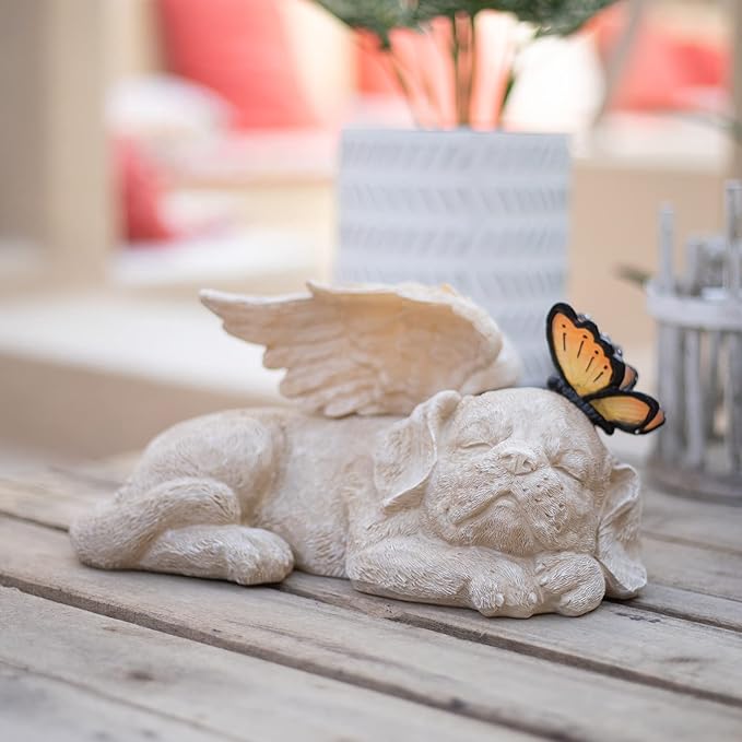 WONDER GARDEN Sleeping Dog Angel Statue with Solar Light - Pet Memorial Stone, in Memory of Dog, Marker Tribute Statues, Resin Guardian Angels, Bereavement Gift-VerdiqueGarden
