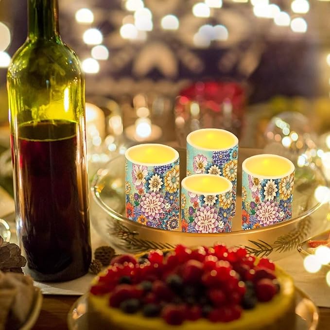 Flameless LED Candles Electric Candles with Remote Timer Control Long Lasting Pillar Candles Tealights Bohemian Style Home Outdoor Decoration Pack of 4, Boho Flower Purple Blue-VerdiqueGarden