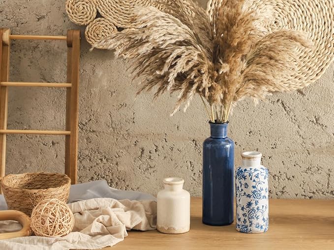 Ceramic Vintage Vases Set of 3, Blue and White Flower Decorative Vase Chinoiserie Decor Rustic Farmhouse Retro Floral Vases for Table Bookshelf Mantel Kitchen Living Room Office-VerdiqueGarden