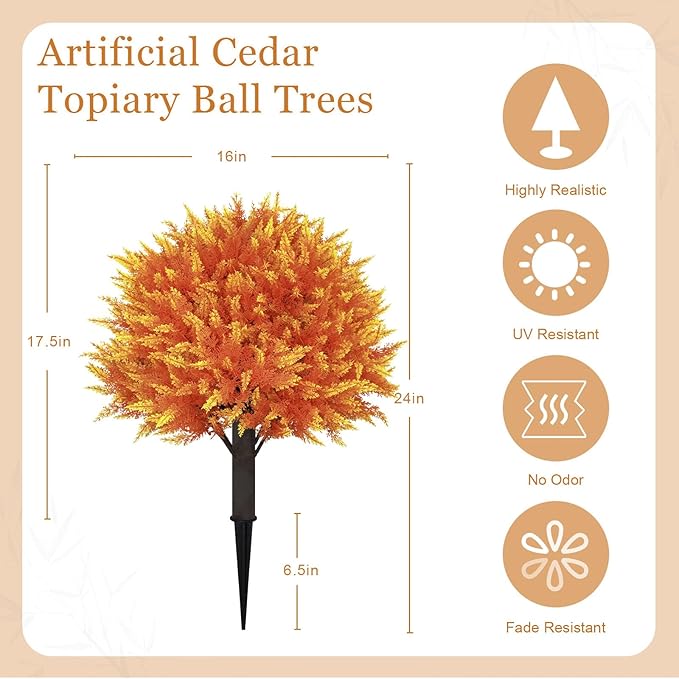 24" Artificial Cedar Topiary Ball Bushes, Set of 2 UV Resistant Fake Trees Outdoor Shrubs with Stake, Weatherproof Faux Plants for Planter, Front Porch, Garden, Yard, Patio Fall Decor-VerdiqueGarden