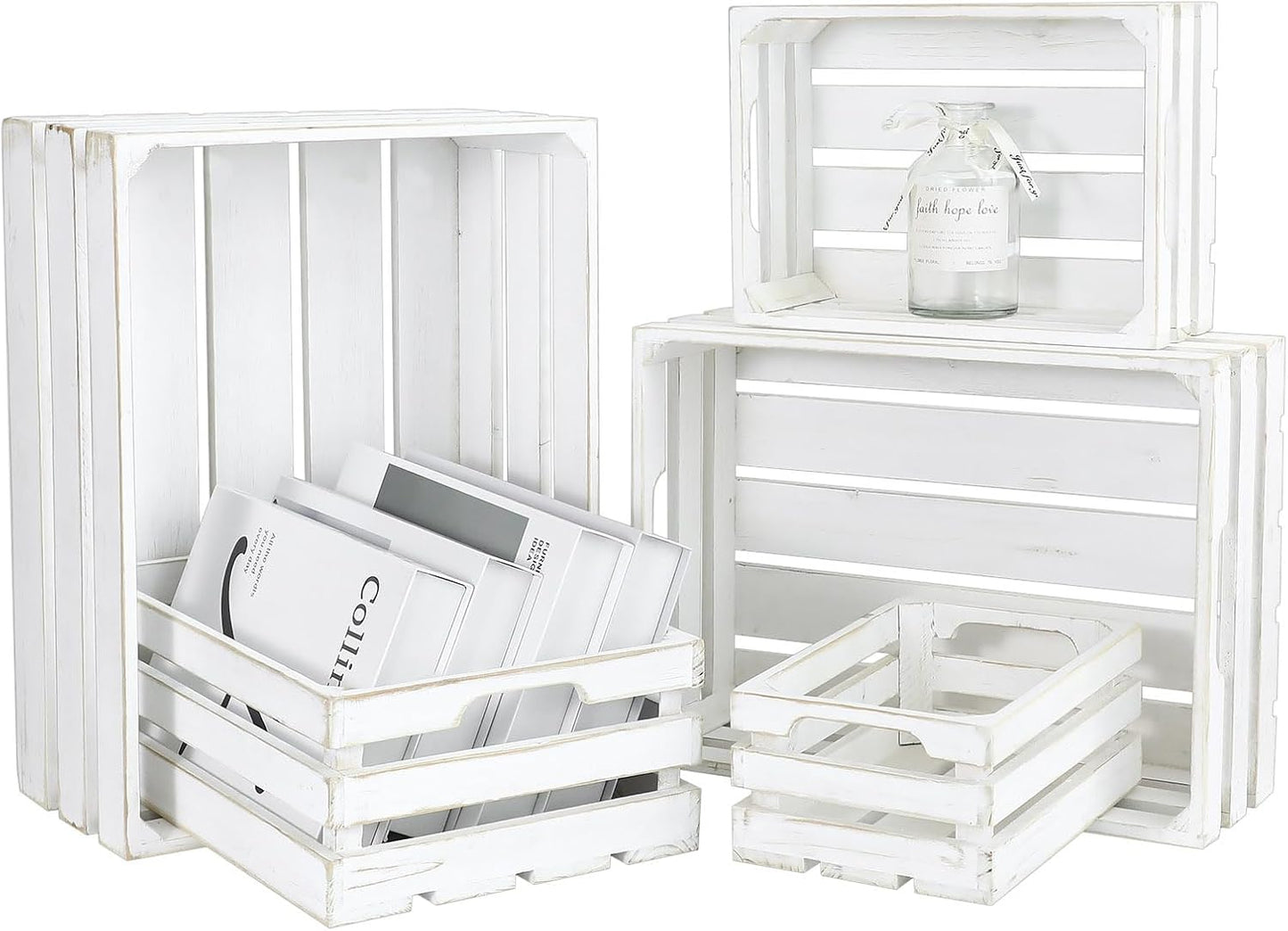 5-Piece Farmhouse Wooden Crate Set - Rustic Wooden Crates for Display and Storage, Large Whitewashed Decorative Crates, Farmhouse Apple Crates, Painted Wood Crates for Decor-VerdiqueGarden