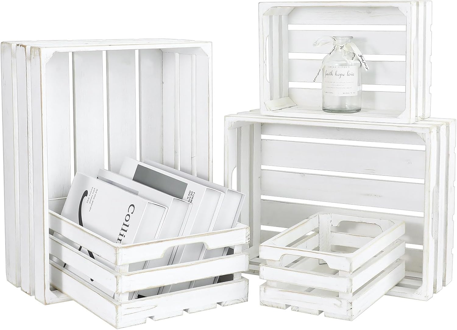 5-Piece Farmhouse Wooden Crate Set - Rustic Wooden Crates for Display and Storage, Large Whitewashed Decorative Crates, Farmhouse Apple Crates, Painted Wood Crates for Decor-VerdiqueGarden
