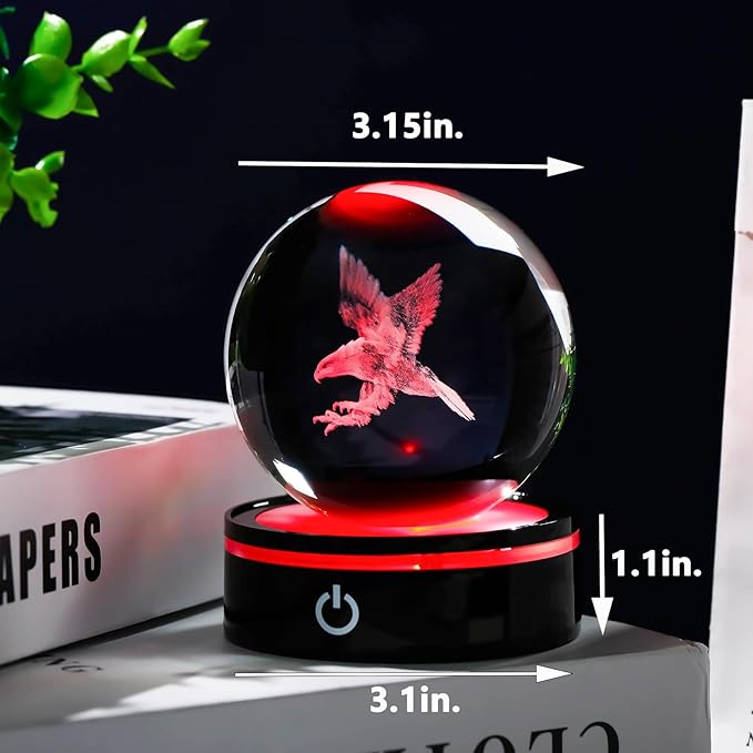 YWHL 3D Eagle Figurine Crystal Ball with Colorful Light Base, Eagle Gifts for Women Men Eagle Lovers on Christmas Birthday, 3D Laser Engraved Eagle Sphere Glass Ball for Home Office Decoration (80mm)-VerdiqueGarden