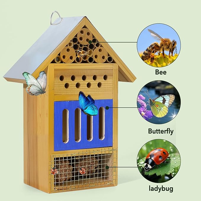 Wooden Butterfly House & Bee House for The Garden, Durable Bug Hotel W/Wooden Stake and Iron Roof, Insect Habitat On The Ground Or Hanging On The Tree, for Butterfly, Bee, Ladybug, Bug-VerdiqueGarden