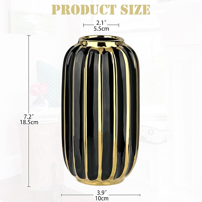 Briful Gold Plated Lantern Ceramic Vase Home Decor Creative Design Porcelain Decorative Flower Vase 8.66'' Black Ceramic Vases for Wedding Anniversary Decoration-VerdiqueGarden