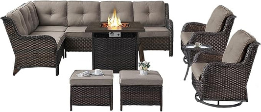 Outdoor Sectional Furniture Sofa Set with Propane Fire Pit Table, Wicker Patio Conversation Set with 2 Swivel Rocker Glider Chairs Grey Cushion Perfect for Backyard Casual Gathering-VerdiqueGarden