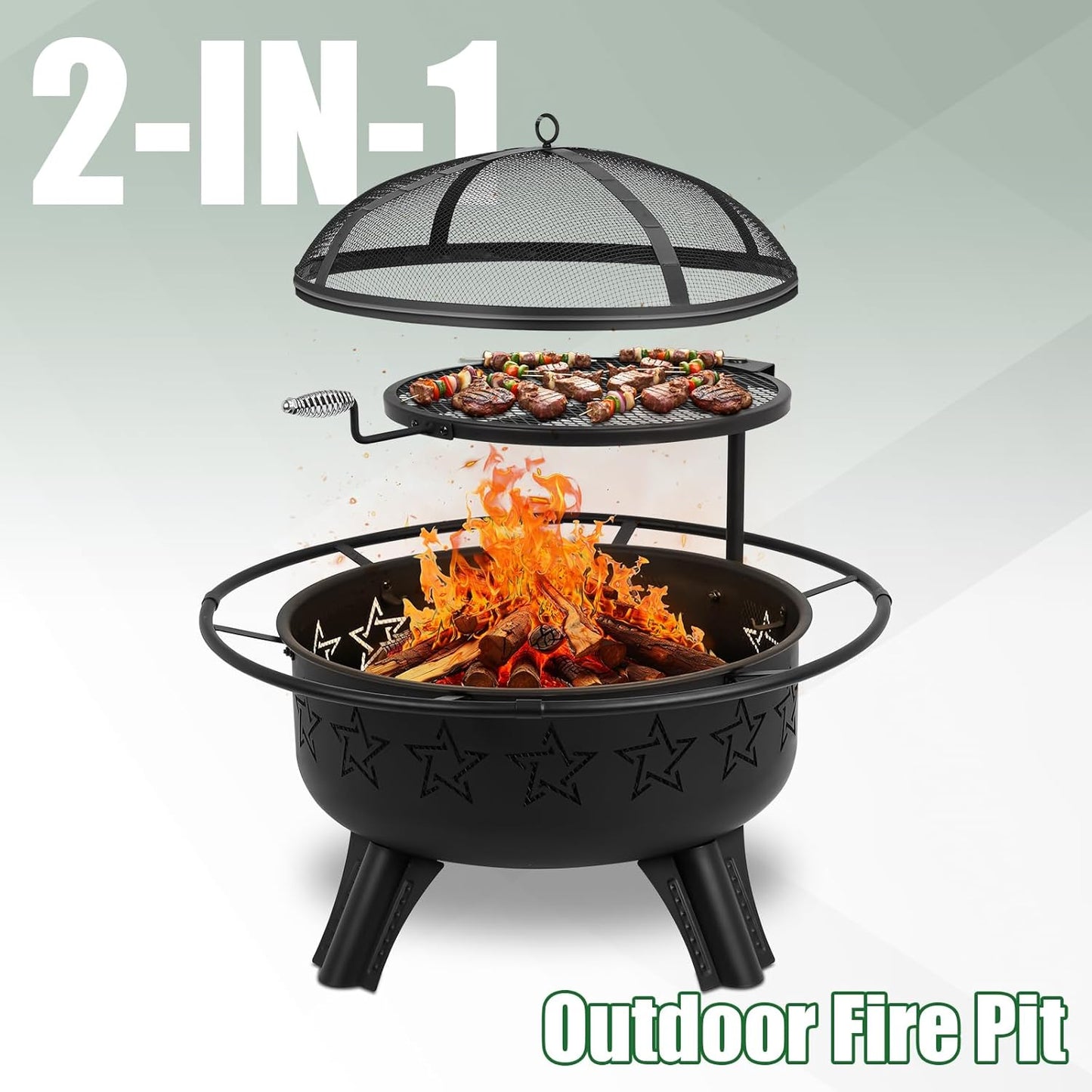 31" 2-in-1 Wood Burning Fire Pit with Swivel BBQ Grills & Spark Screen for Outside - Heavy Duty Outdoor Firepit with Charcoal Pan, Log Rack & Poker - for Backyard, Patio, Garden Bonfire-VerdiqueGarden