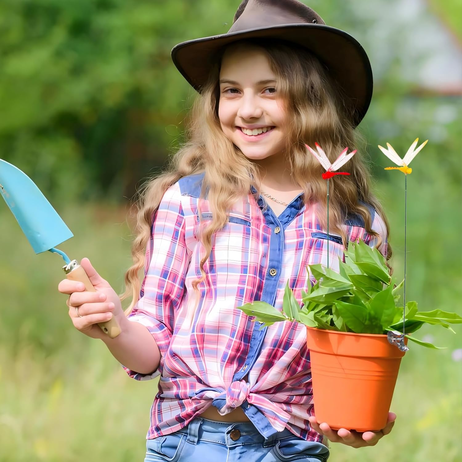 Jongdari 16 Sets Dragonfly Hat Clip Realistic Fake Dragonflies Clip-On Garden Outdoor Decor Stakes Plastic Dragon Fly Clips Plant Decorations for Pots, Includes Pliers & Clips - Small-VerdiqueGarden