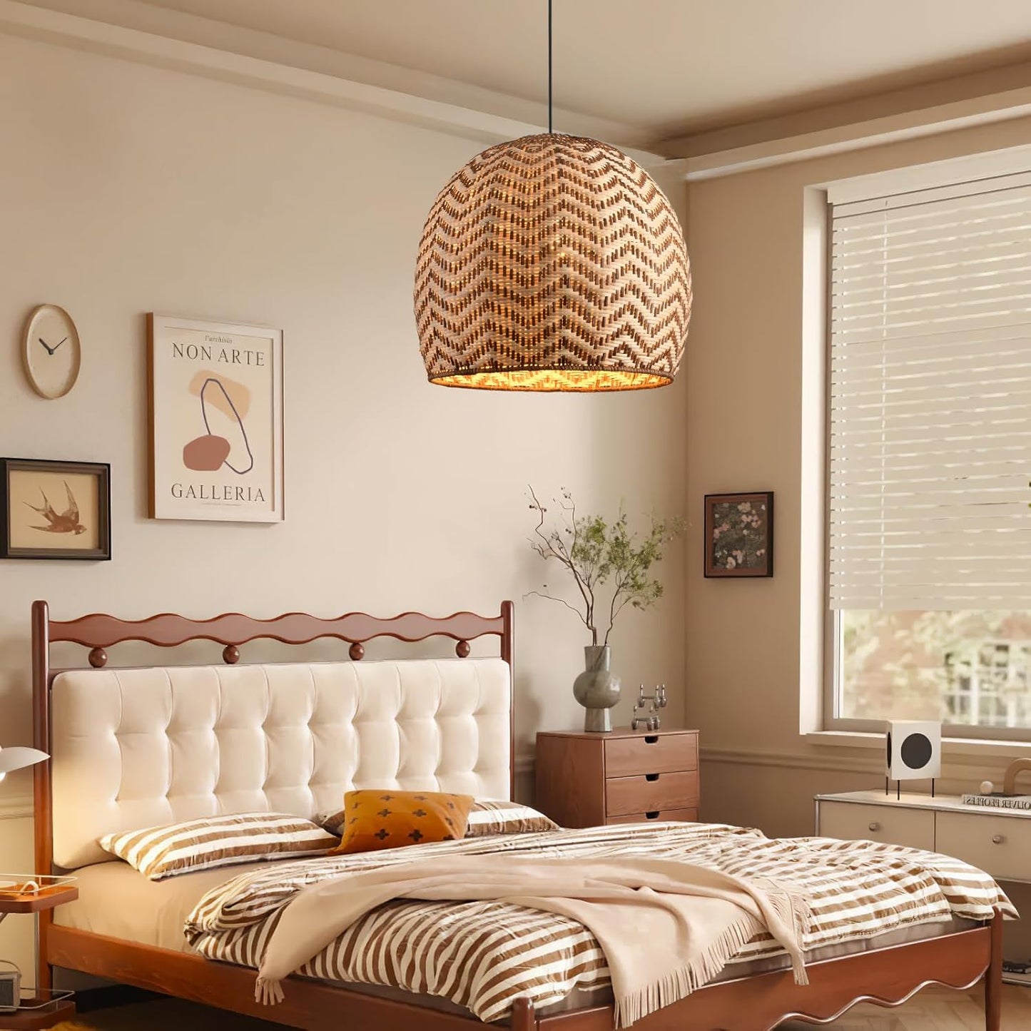 13.77" Rattan Pendant Light 1-Pack Rustic Curry Rattan Hanging Light Hand-Woven Wicker Chandelier for Dining Living Bedroom Kitchen Farmhouse-VerdiqueGarden