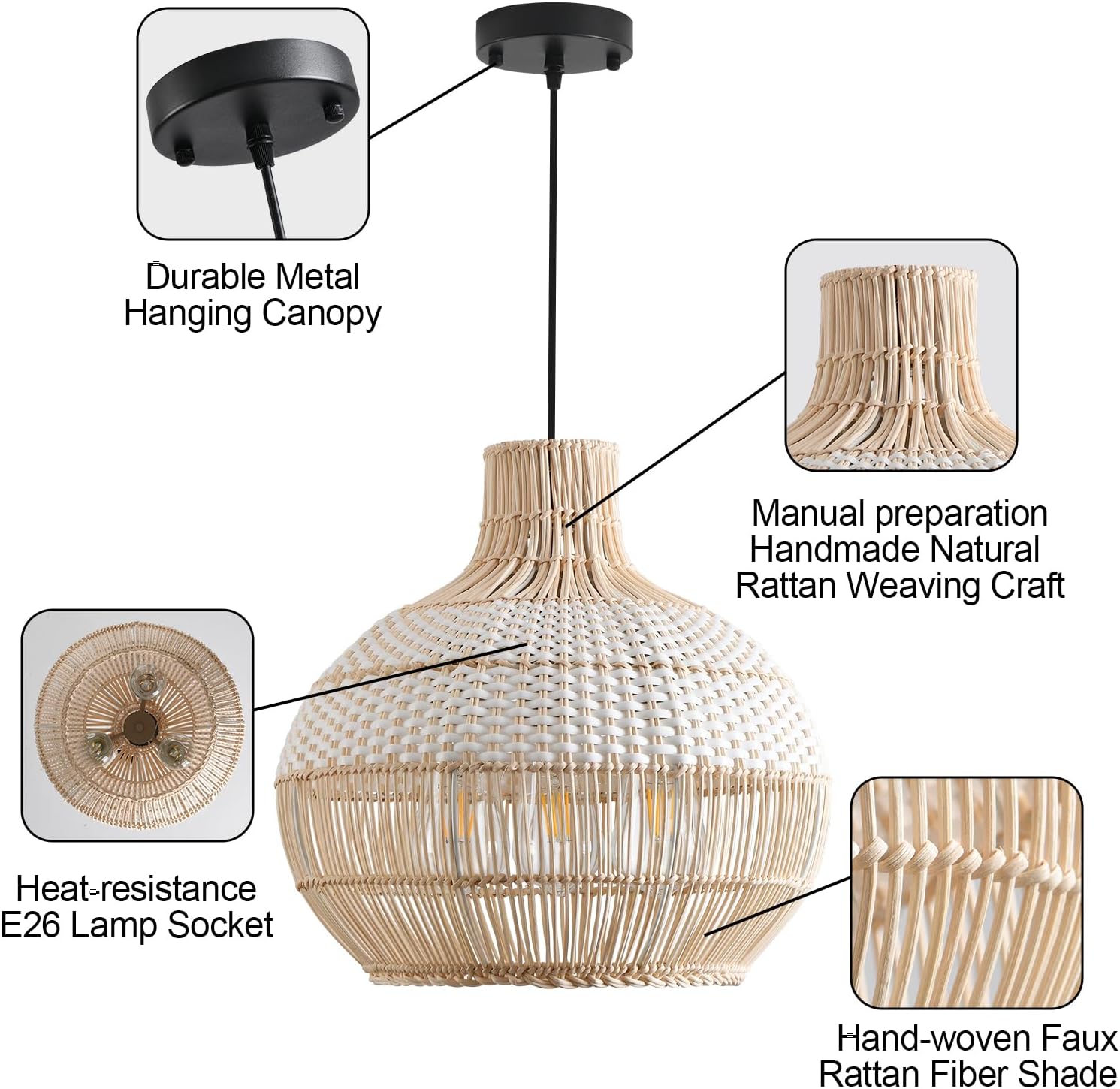 15" Rattan Pendant Light Fixture,3-Light Hand-Woven White Wicker Basket Chandelier Boho Faux Rattan Hanging Lamp,for Dining Living Bedroom Kitchen 1-Pack-VerdiqueGarden