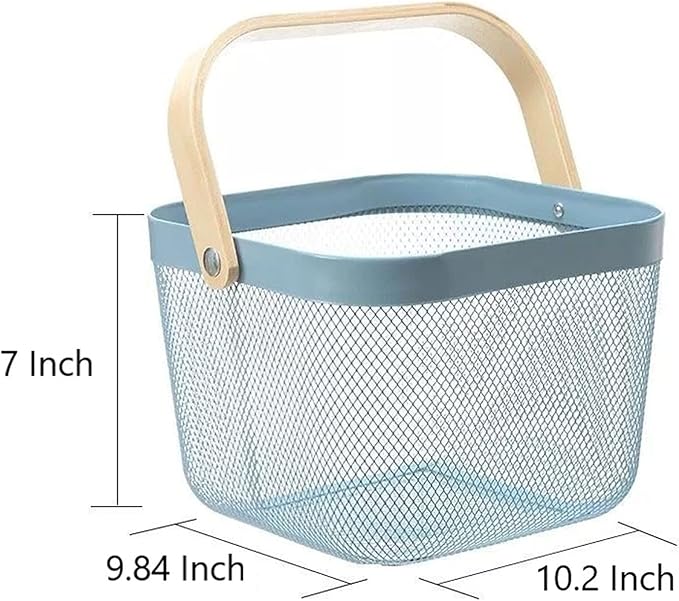 Metal Mesh Steel Basket, Storage Organizer Basket Multi-functional Hanging Kitchen Baskets Fruit Basket Bin with Bamboo Handle for Kitchen Bathroom Picnic Shopping Decor Cabinet Home, Blue-VerdiqueGarden