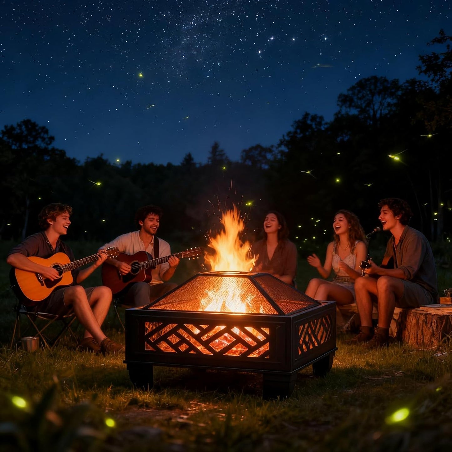 Breezz Update Version 26 Inch Wood Burning Fire Pit with Cooking Grill and Spark Screen, Outdoor Metal Firepit for Patio, Backyard, Bonfire Party, Camping and Garden-VerdiqueGarden