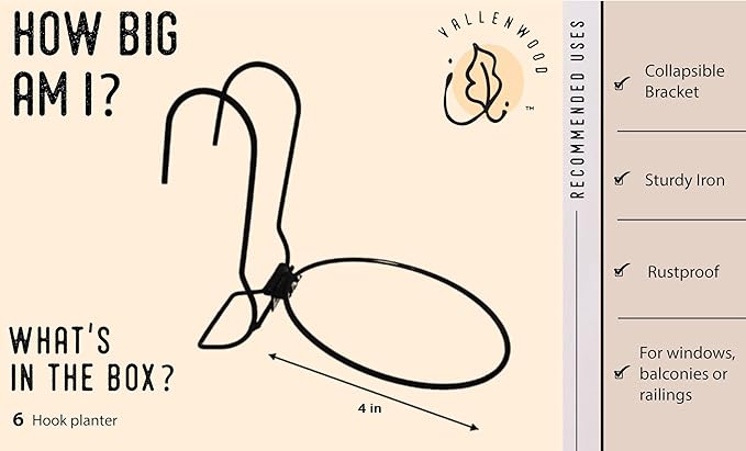 6 Pieces, 4 inches Iron hanging Flower Pot. Metal Plant Wall Hanger, Vertical Yard Garden. Planter Hook Ring, Rail Metal Fence. Indoor and Outdoor. Wire Trellis. Collapsible Bracket. (4 inches)-VerdiqueGarden