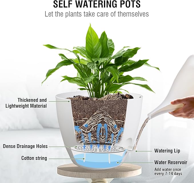 10 inch Self Watering Hanging Planters, 2 Pack Hanging Flower Pots for Indoor Outdoor Plants, Hanging Baskets with Drainage Holes & 2 Kinds of Plant Hangers for Garden Home Decor, White-VerdiqueGarden