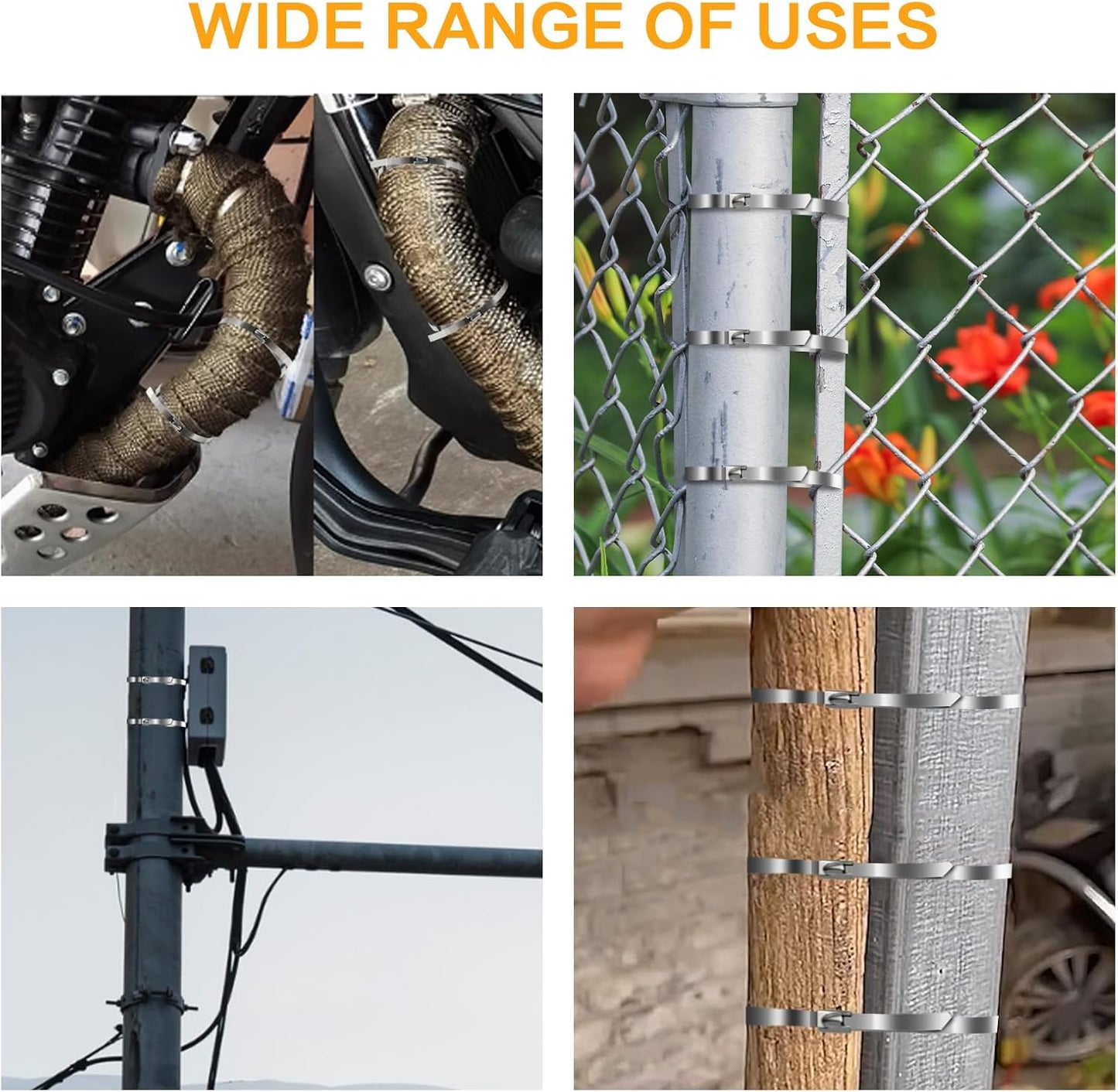 Metal Zip Ties 11.8 inch 100pcs 304 Stainless Steel Zip Ties Heavy Duty Multi Purpose Self Locking Cable Ties for Outdoor, Fence, Garden, Farm Automotive Applications Like Exhaust Packaging etc-VerdiqueGarden