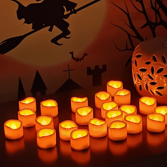 CANDLE CHOICE Battery Operated Flameless Tea Lights Orange Flickering LED Electric Fake Votive Tealight Candles Halloween Pumpkin Thanksgiving Christmas Decorations Centerpieces 24 Pack Batteries Incl-VerdiqueGarden