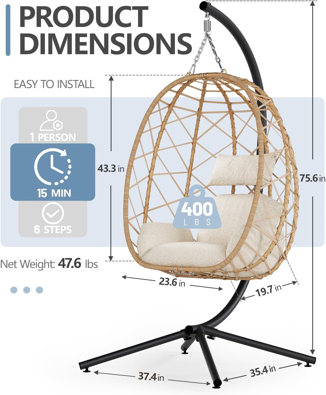 SWITTE Egg Swing Chair with Stand, Outdoor Patio Hanging Egg Chair, Indoor Hammock Chair with Cushion for Garden Backyard, 400LBS Capacity-Beige-VerdiqueGarden
