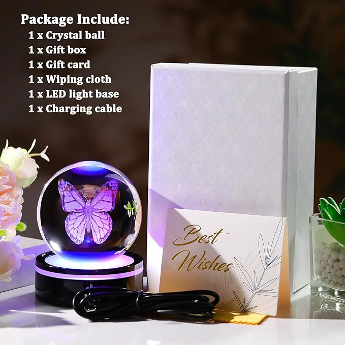 YWHL 3D Crystal Ball Butterfly Figurine with Colorful LED Base, Laser Butterfly Gifts for Women Men on Christmas Birthday, Ornament Glass Sphere Decorative Ball for Home Decor (80mm)-VerdiqueGarden