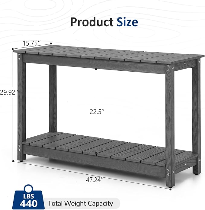 Outdoor Console Table, 48" Weather Resistant HIPS Patio Side Table, 440LBS Weight Capacity, 2-Tier Multifunctional Buffet Bar Storage Organizer for Garden Deck, Gray-VerdiqueGarden