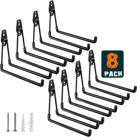 Heavy Duty Garage Hooks 8 Pack, 7.7 inch U Shaped Long Hanger, Wall Mounted Storage System, Power and Garden Tool Organizer, for Hanging Ladders, Bikes, Hose, Bulk Items and More-VerdiqueGarden
