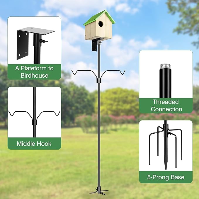 Bird Feeder Pole, 79 Inch Heavy Duty Bird House Pole Mount Kit for Outdoors, Adjustable Metal Bird Feeding Stand, with 2-Hooks, 5-Prong Base for Hanging Feeders, Black-VerdiqueGarden