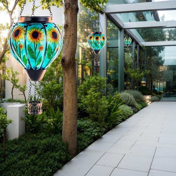 Starsoul 2 PC Sunflowers Hot Air Balloon Solar Lantern with Flame Glass Hanging Outdoor Hot Air Balloon Solar Light Waterproof Garden Patio Yard Party Decorations-VerdiqueGarden