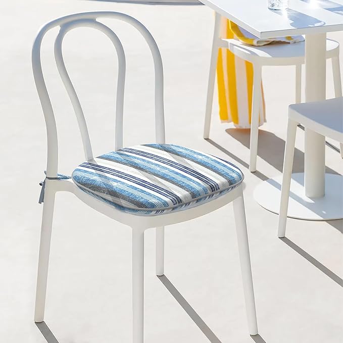Indoor/Outdoor Chair Cushions 16x17 Inch, Patio Chair Cushions with Ties, All Weather Seat Cushions for Patio Furniture Home Garden Chair Use, Set of 4, Stripe Layered Blue-VerdiqueGarden