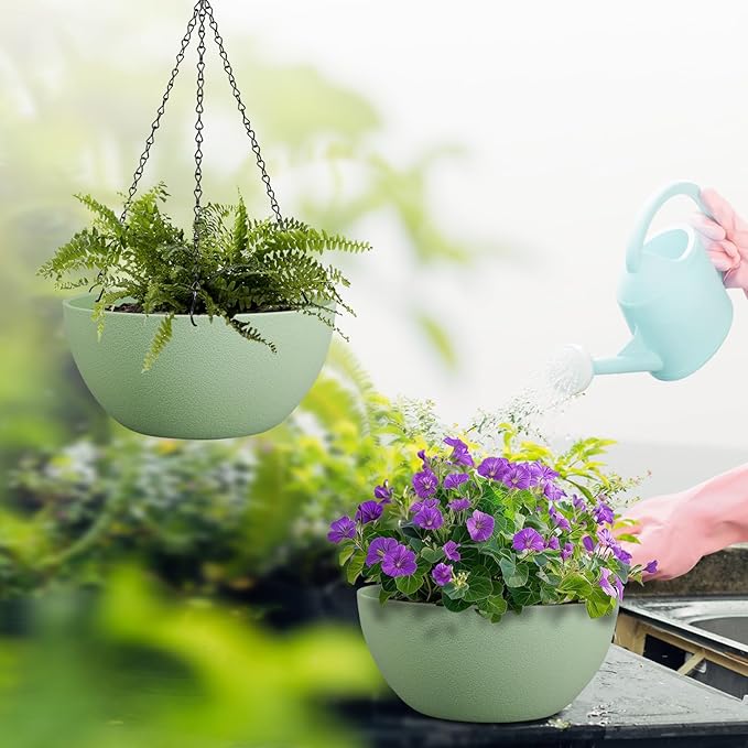 10 inch Hanging Planters for Outdoor Indoor Plants with Drainage Holes and Chain, 2 Pack Round Hanging Flower Pots for Garden Home Porch Decor,Green-VerdiqueGarden