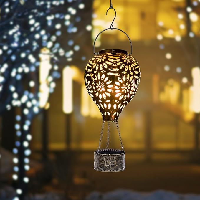 Hot Air Balloon Solar Lantern,Hanging Lantern Outdoor Waterproof Decorative Metal LED Solar Lights for Trees Patio Garden Yard Porch Decor, Gold-VerdiqueGarden