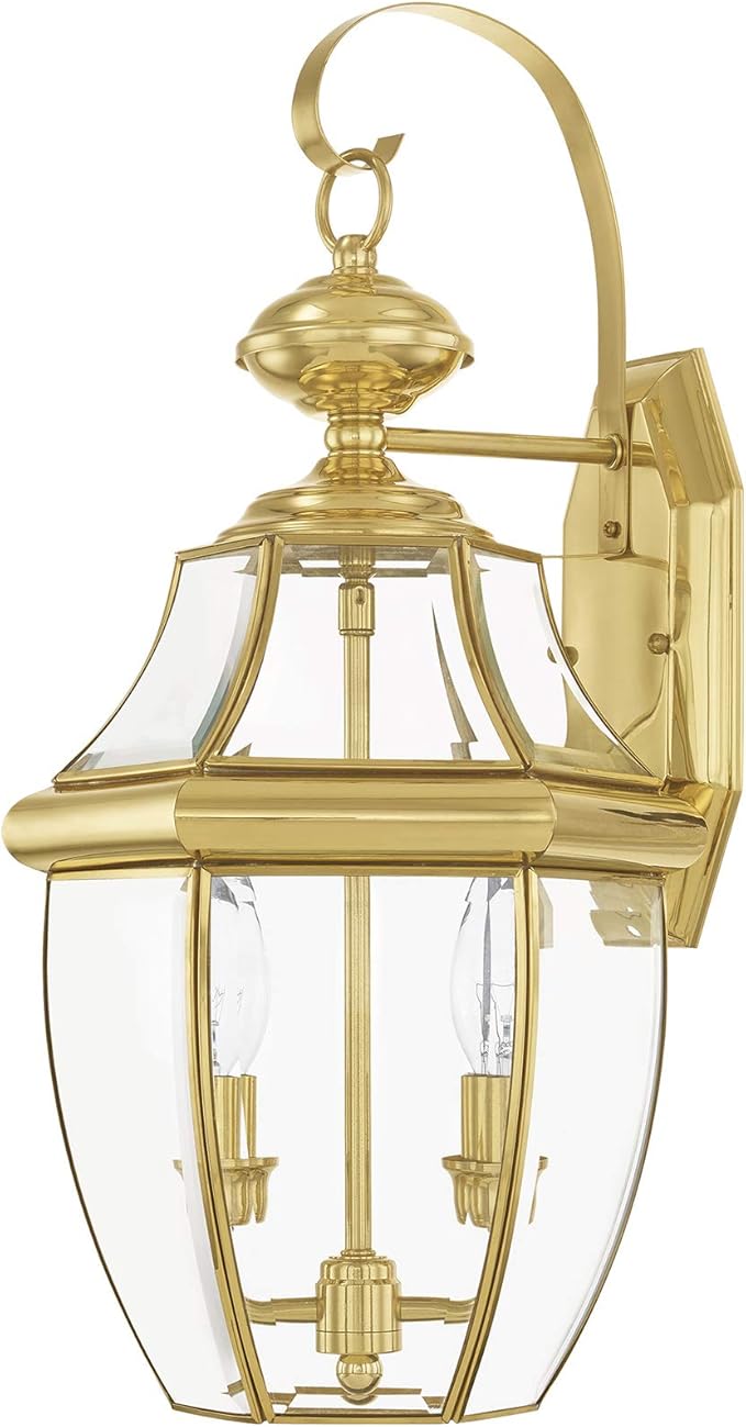 Livex Lighting 2251-02 Monterey 2 Light Outdoor Polished Brass Finish Solid Brass Wall Lantern with Clear Beveled Glass, 20.25" x 10.5" x 10"-VerdiqueGarden