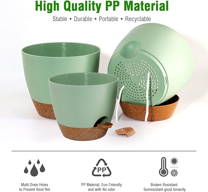 10/9/8 inch Self Watering Pots, Set of 3 Plastic Planters with Mesh Drainage Holes and Deep Reservoir for Indoor Outdoor Garden Plants and Flowers, Green with Brown-VerdiqueGarden