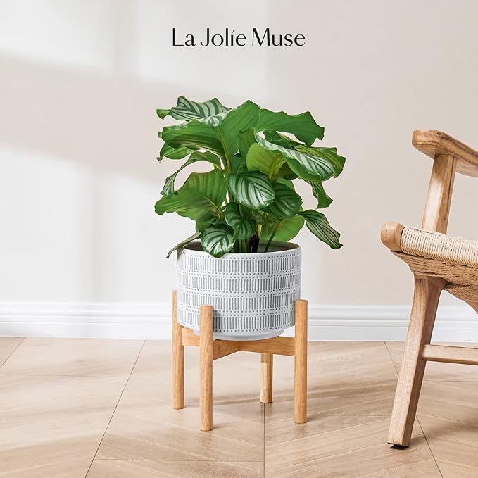 LA JOLIE MUSE Ceramic Plant Pot with Wood Stand - 9.4 Inch Modern Round Decorative Flower Pot Indoor with Wood Planter Holder, Slate Blue and White-VerdiqueGarden