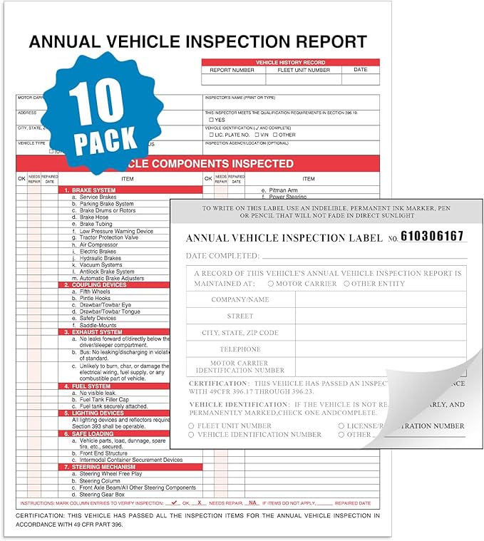 Goldenfox DOT Inspection Forms and Stickers. 10-Pack,3-Ply Carbonless Annual Vehicle Inspection Report Form(8.5" x 11.75") with 2-Ply Vinyl White Interior Inspection Label(5"x4")-VerdiqueGarden