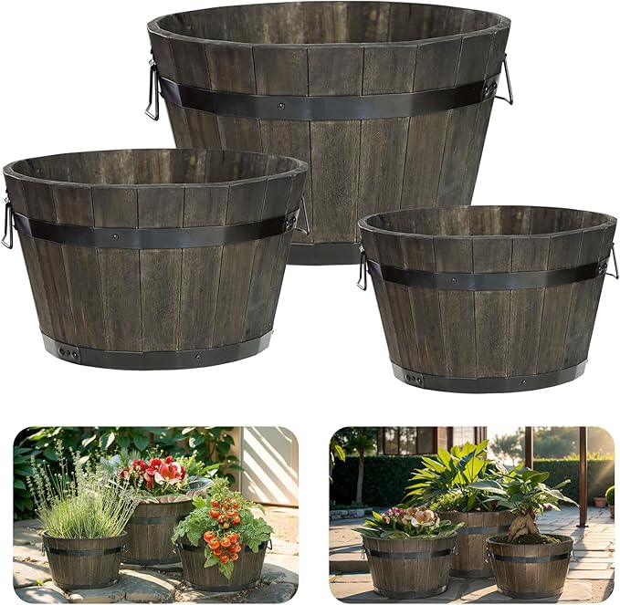 IDZO Set of 3 Wooden Flower Planters for Outdoor Plants, Acacia Wood Barrel Planters, Ergonomic Handles, Drainage Holes, Various Sizes, Black-VerdiqueGarden