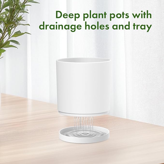 10/8/6 inch Deep Flower Pots, 3 Pack Cylinder Tall Plant Pots for Outdoor Indoor Plants, Large Decorative Plastic Planters with Drainage Holes and Saucers for Garden House Plants, White-VerdiqueGarden